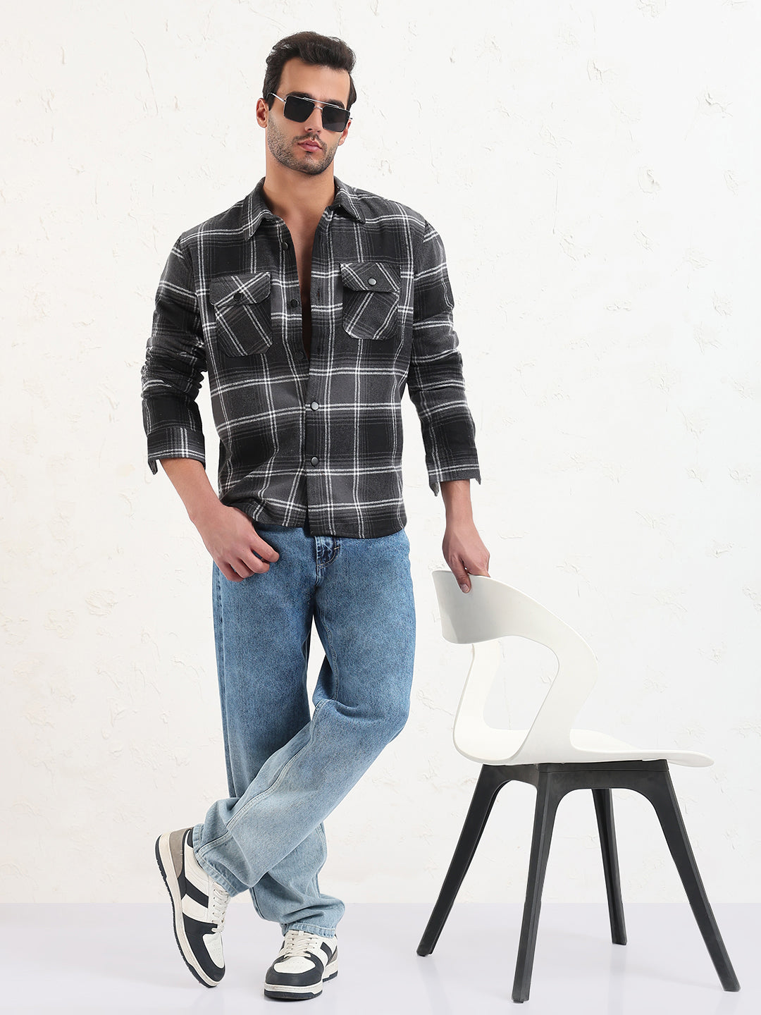 Men's Grey Checked Slim Fit Shacket