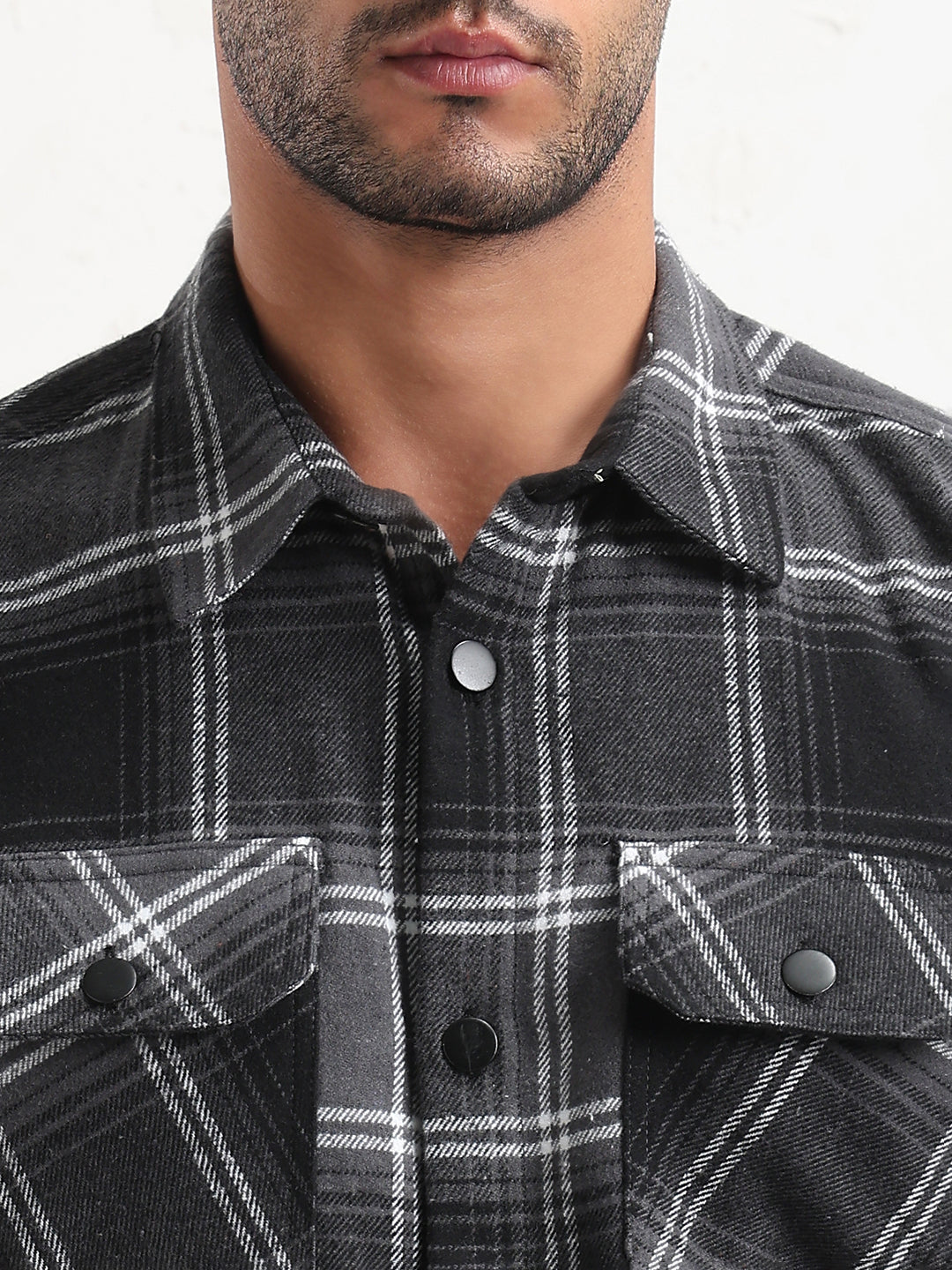 Men's Grey Checked Slim Fit Shacket