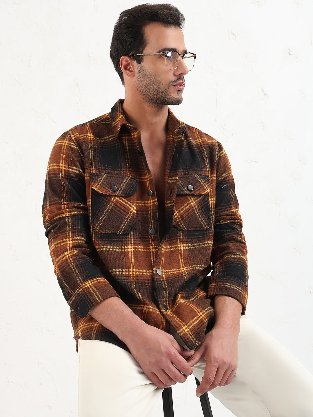 Men's Brown Checked Slim Fit Shacket