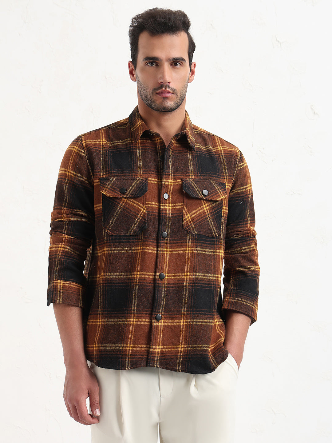 Men's Brown Checked Slim Fit Shacket