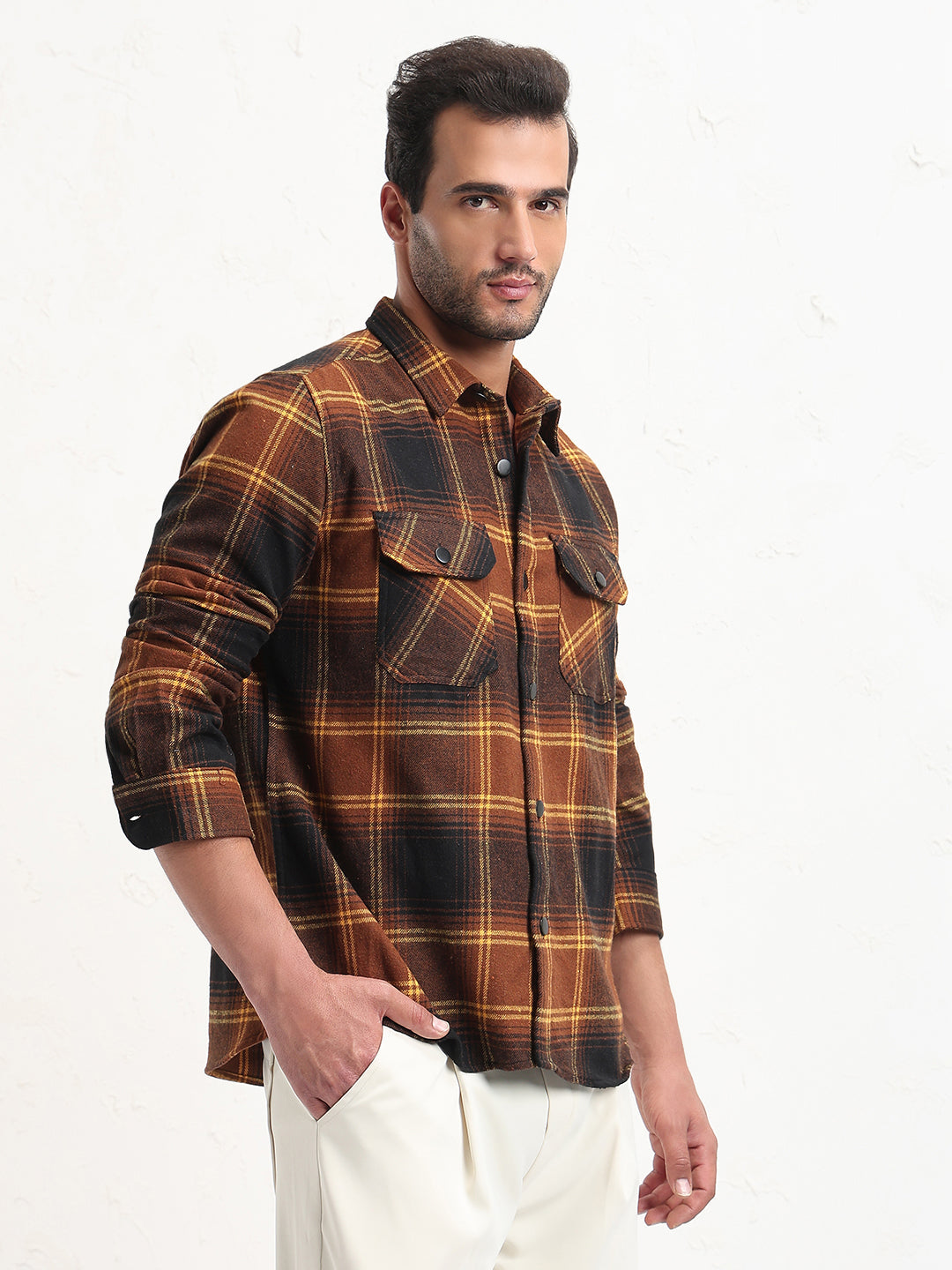 Men's Brown Checked Slim Fit Shacket