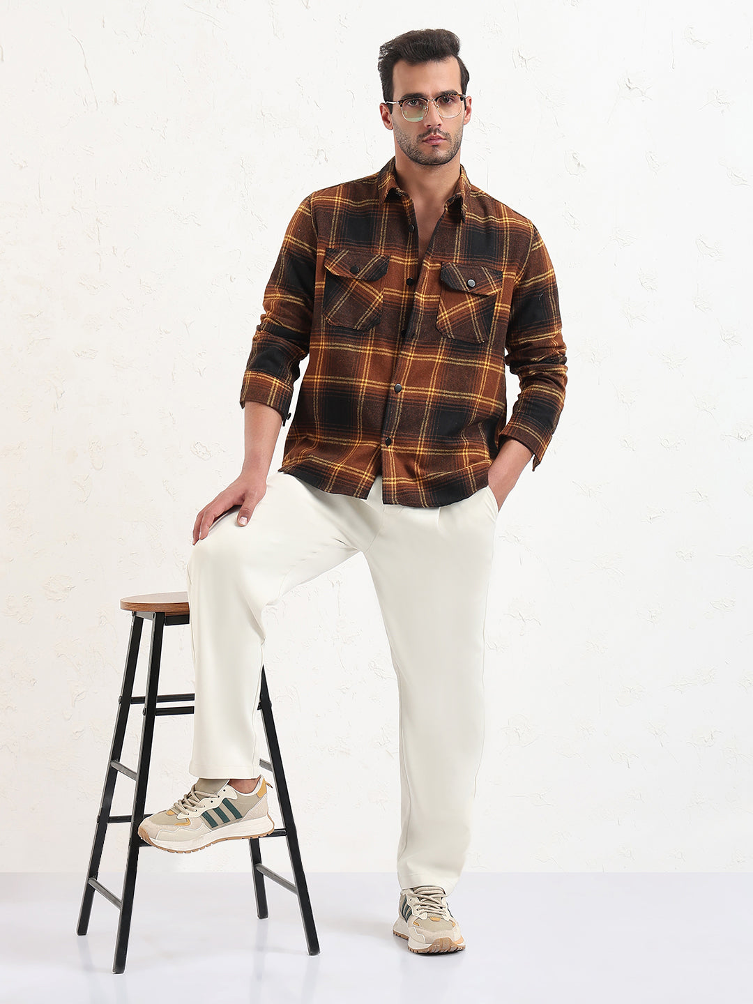 Men's Brown Checked Slim Fit Shacket