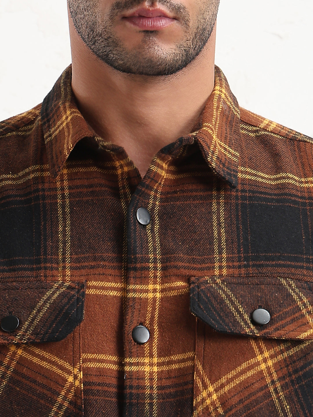 Men's Brown Checked Slim Fit Shacket