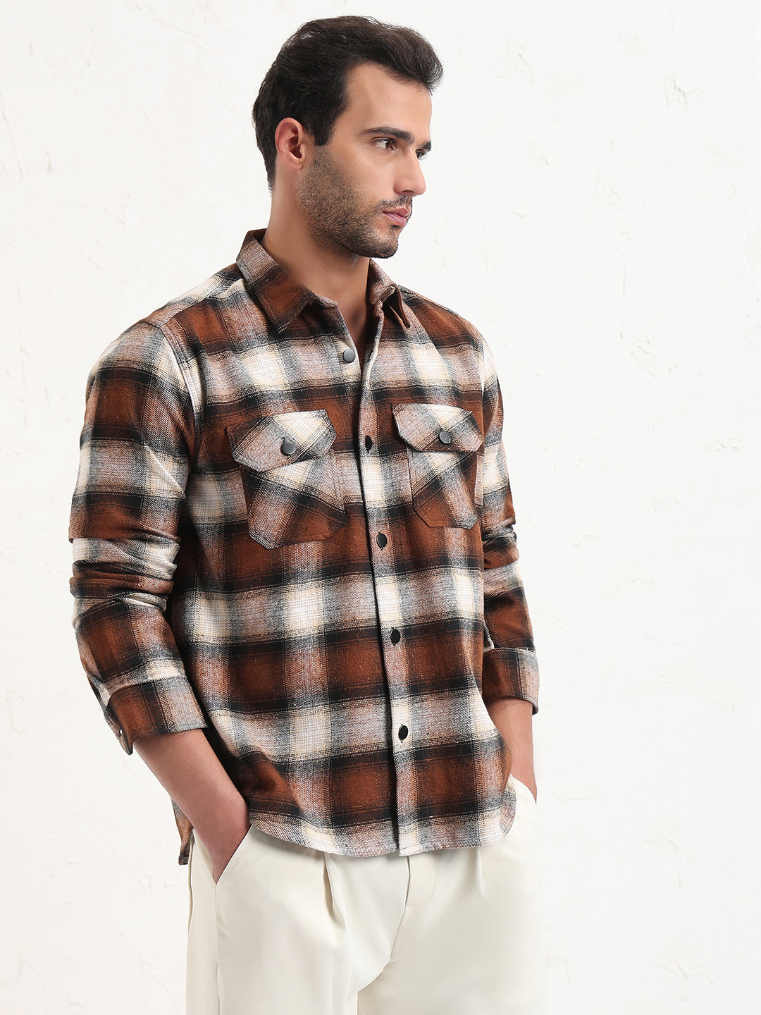 Men's Brown Checked Slim Fit Shacket