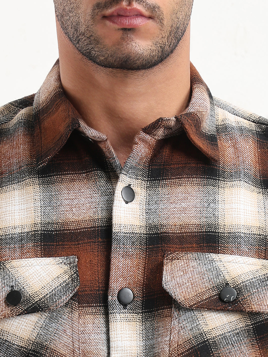 Men's Brown Checked Slim Fit Shacket