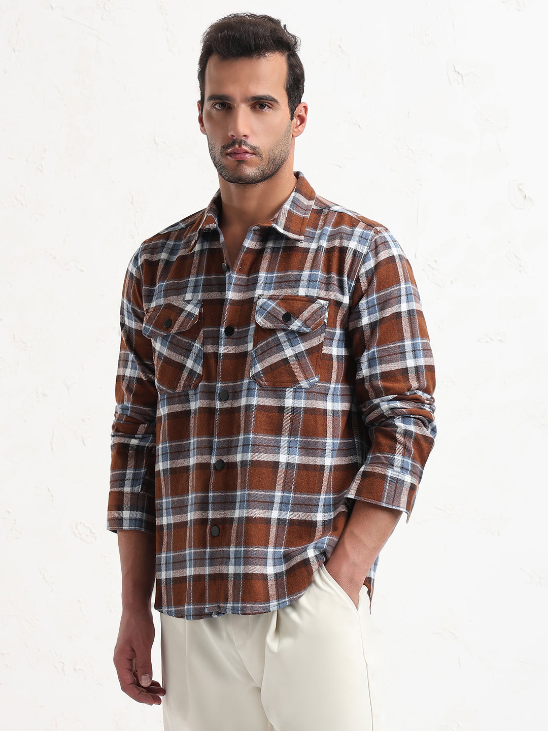 Men's Brown Checked Slim Fit Shacket