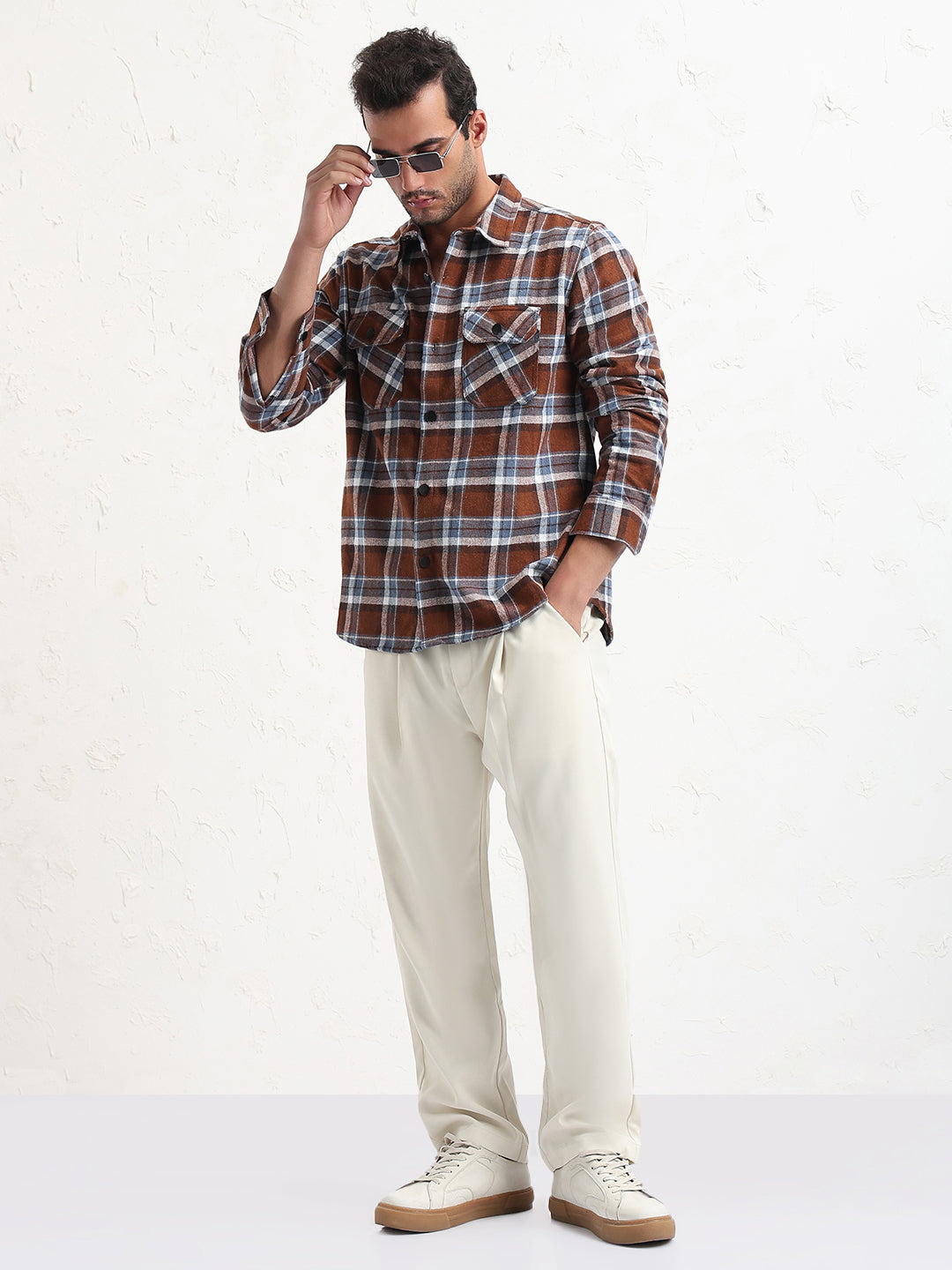 Men's Brown Checked Slim Fit Shacket