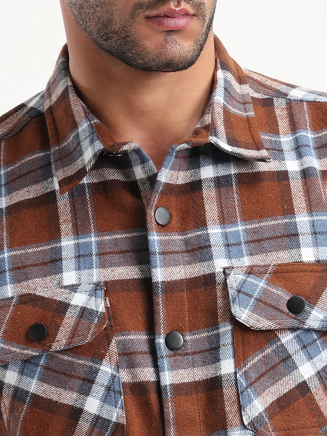Men's Brown Checked Slim Fit Shacket