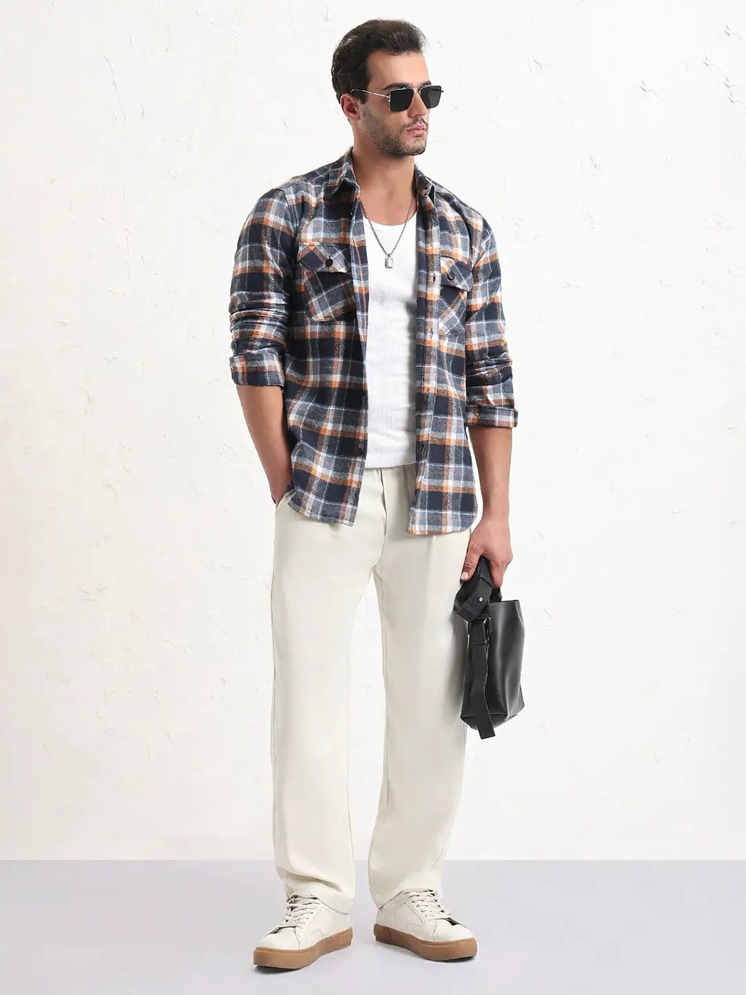 Men's Navy Blue Checked Slim Fit Shacket - Uncategorized from SHOWOFFFF