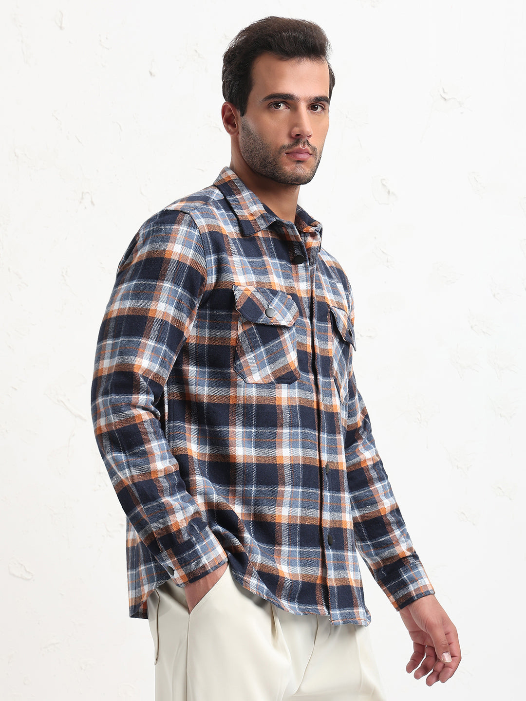 Men's Navy Blue Checked Slim Fit Shacket