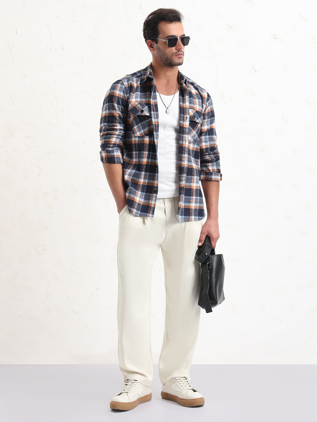 Men's Navy Blue Checked Slim Fit Shacket