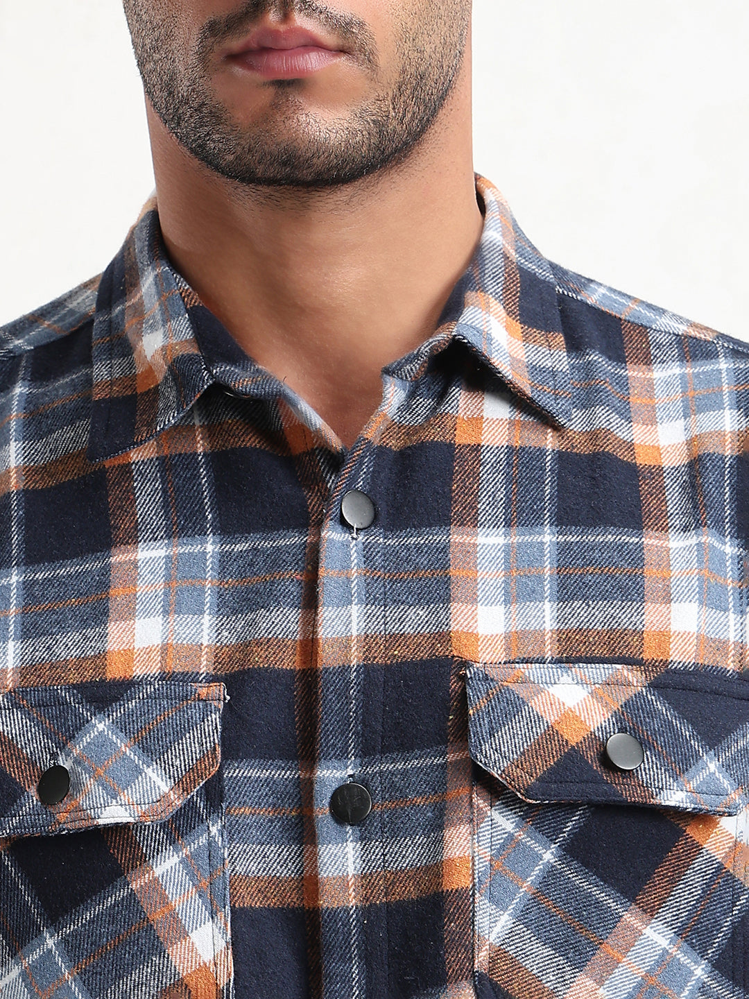 Men's Navy Blue Checked Slim Fit Shacket