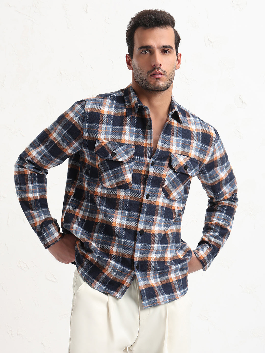 Men's Navy Blue Checked Slim Fit Shacket