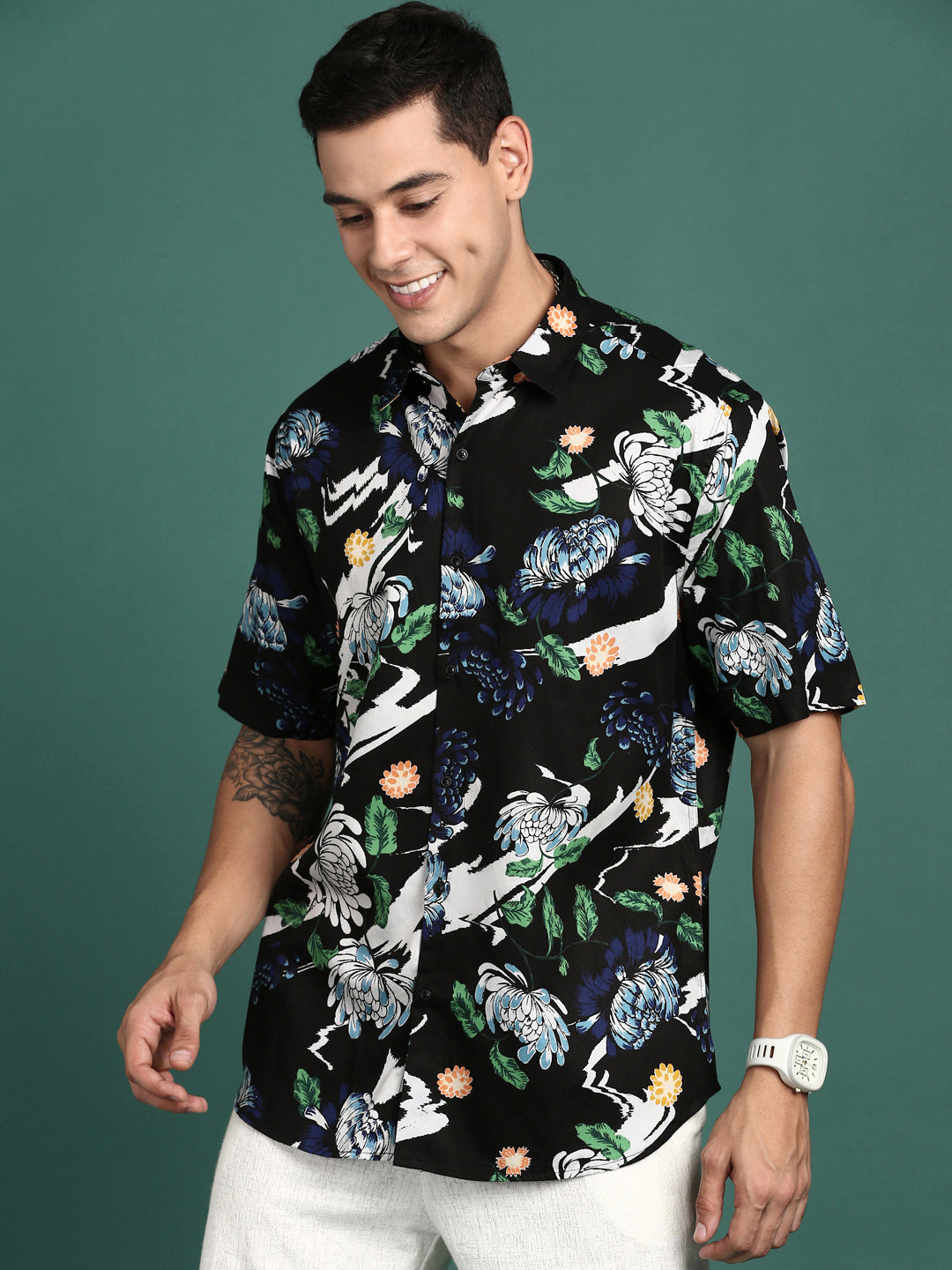 Men Floral Black Slim Fit Shirt