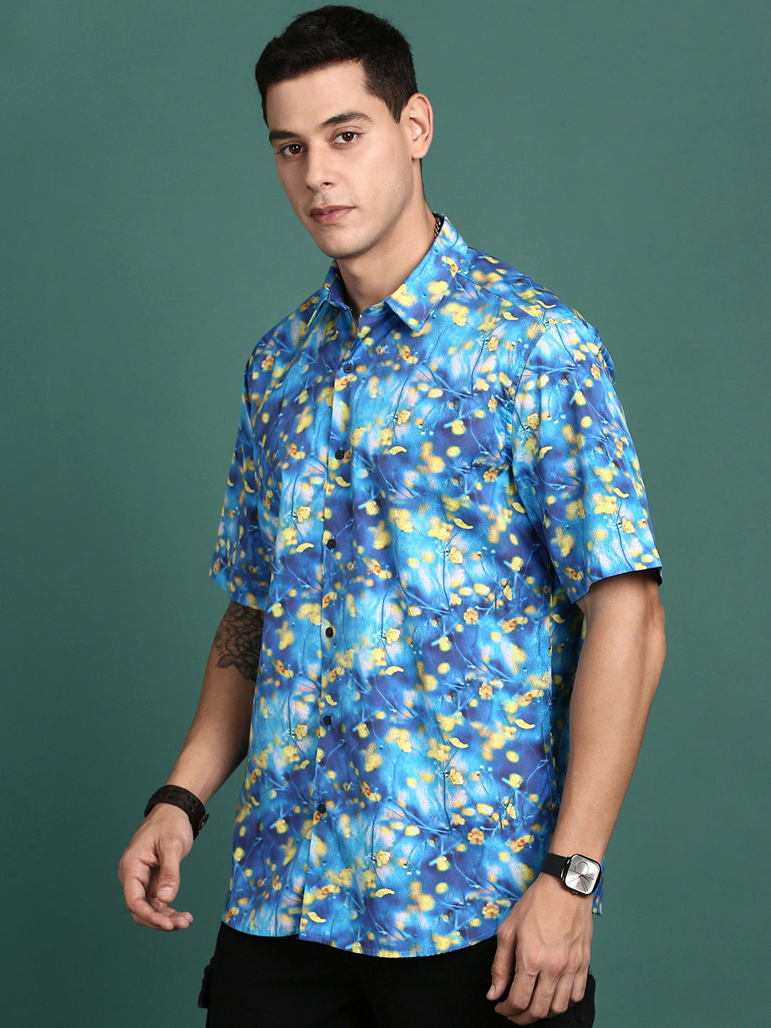 Men Abstract Blue Slim Fit Shirt