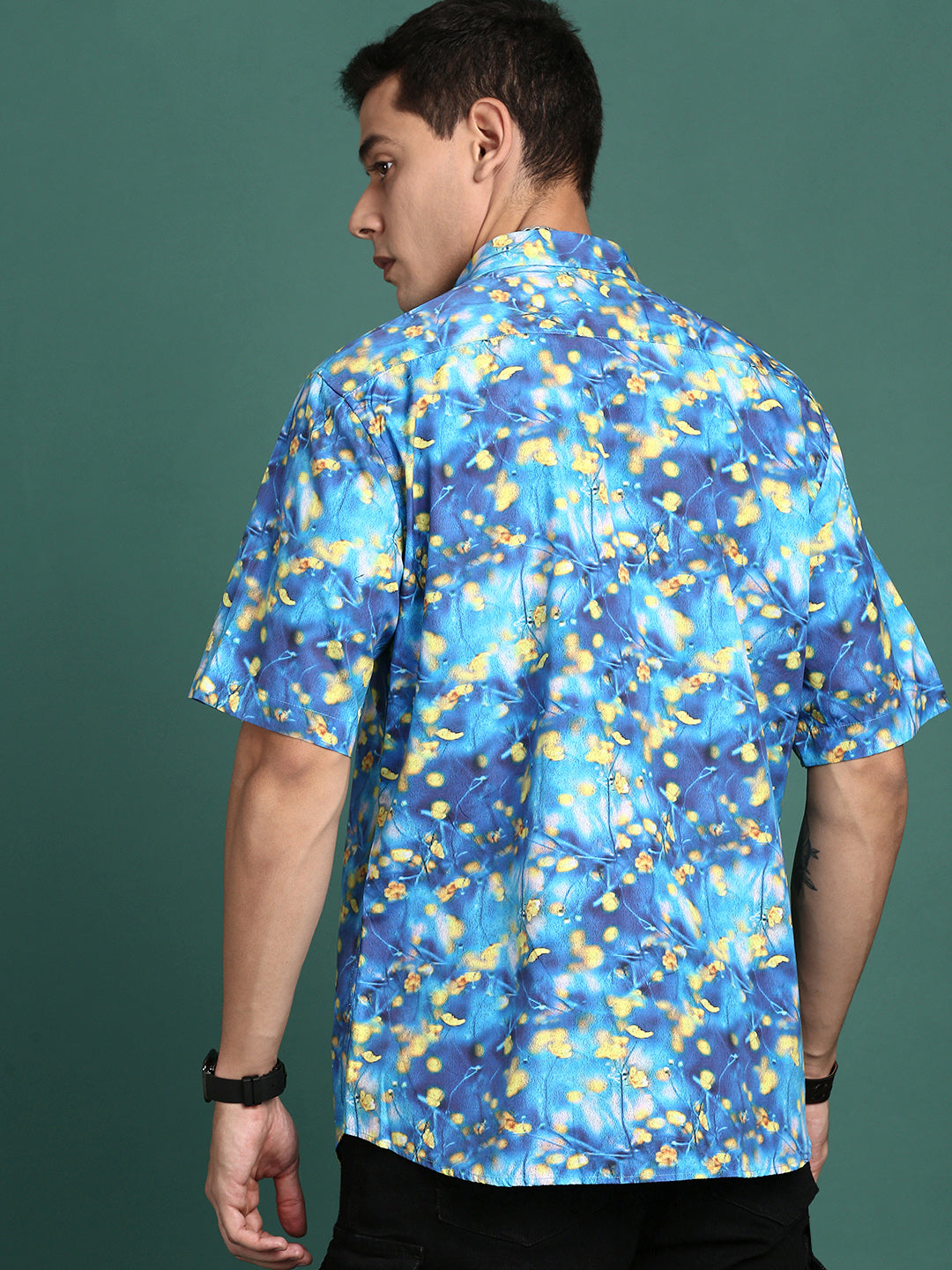 Men Abstract Blue Slim Fit Shirt