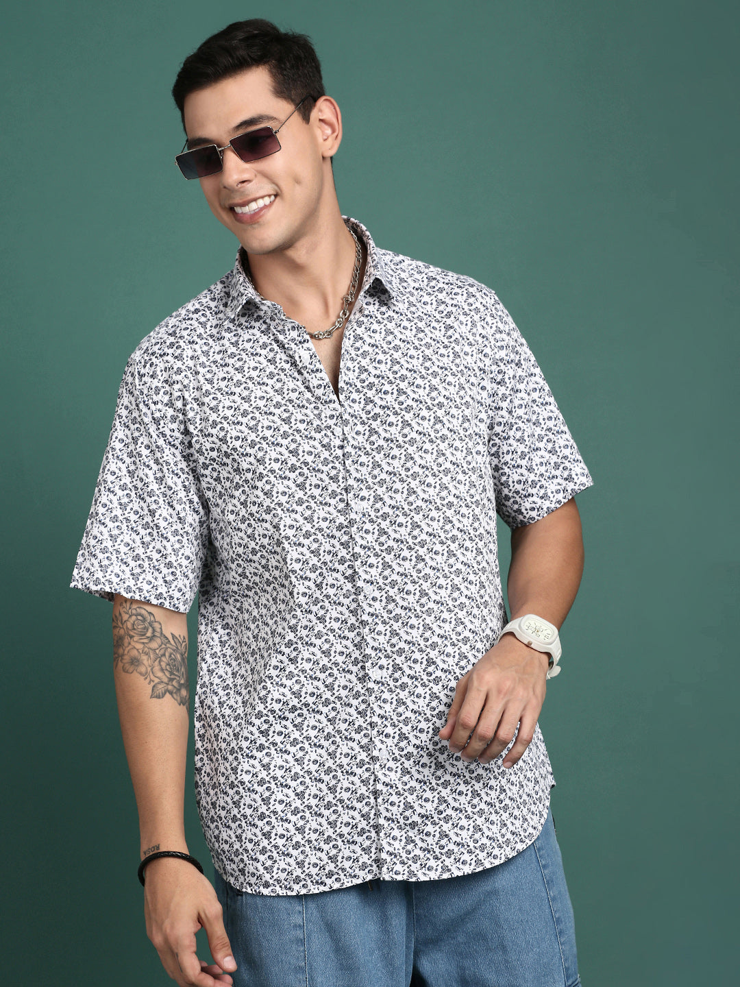 Men Floral White Slim Fit Shirt