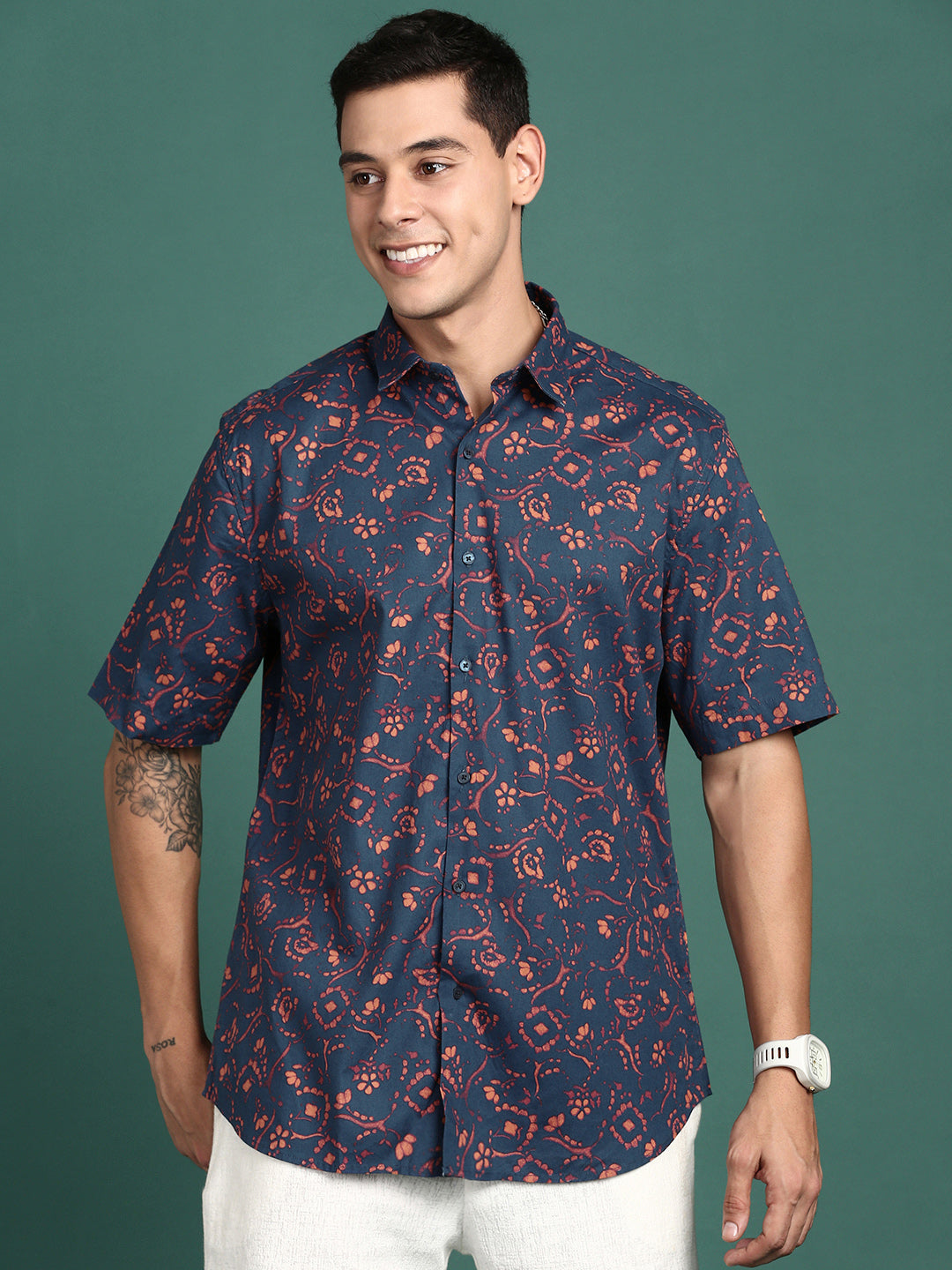 Men Floral Navy Blue Slim Fit Shirt