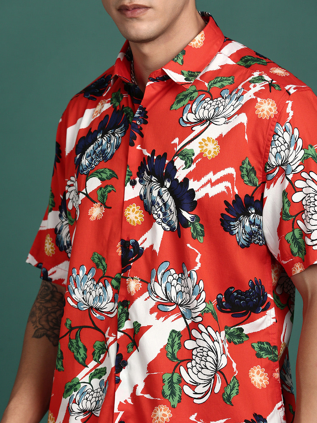 Men Floral Orange Slim Fit Shirt