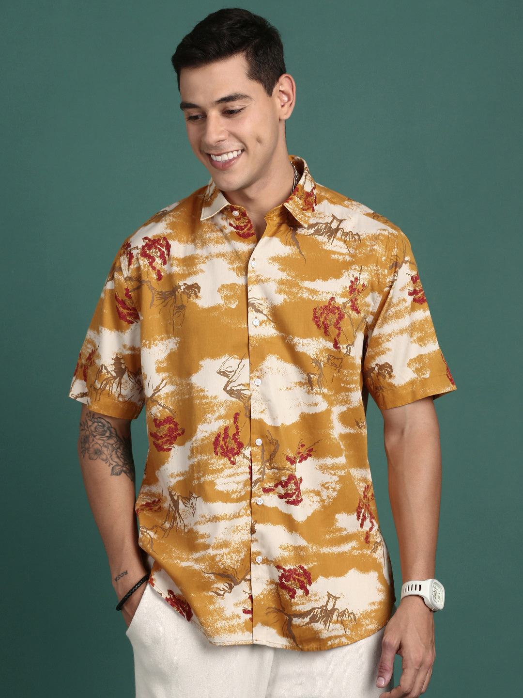 Men Floral Mustard Slim Fit Shirt