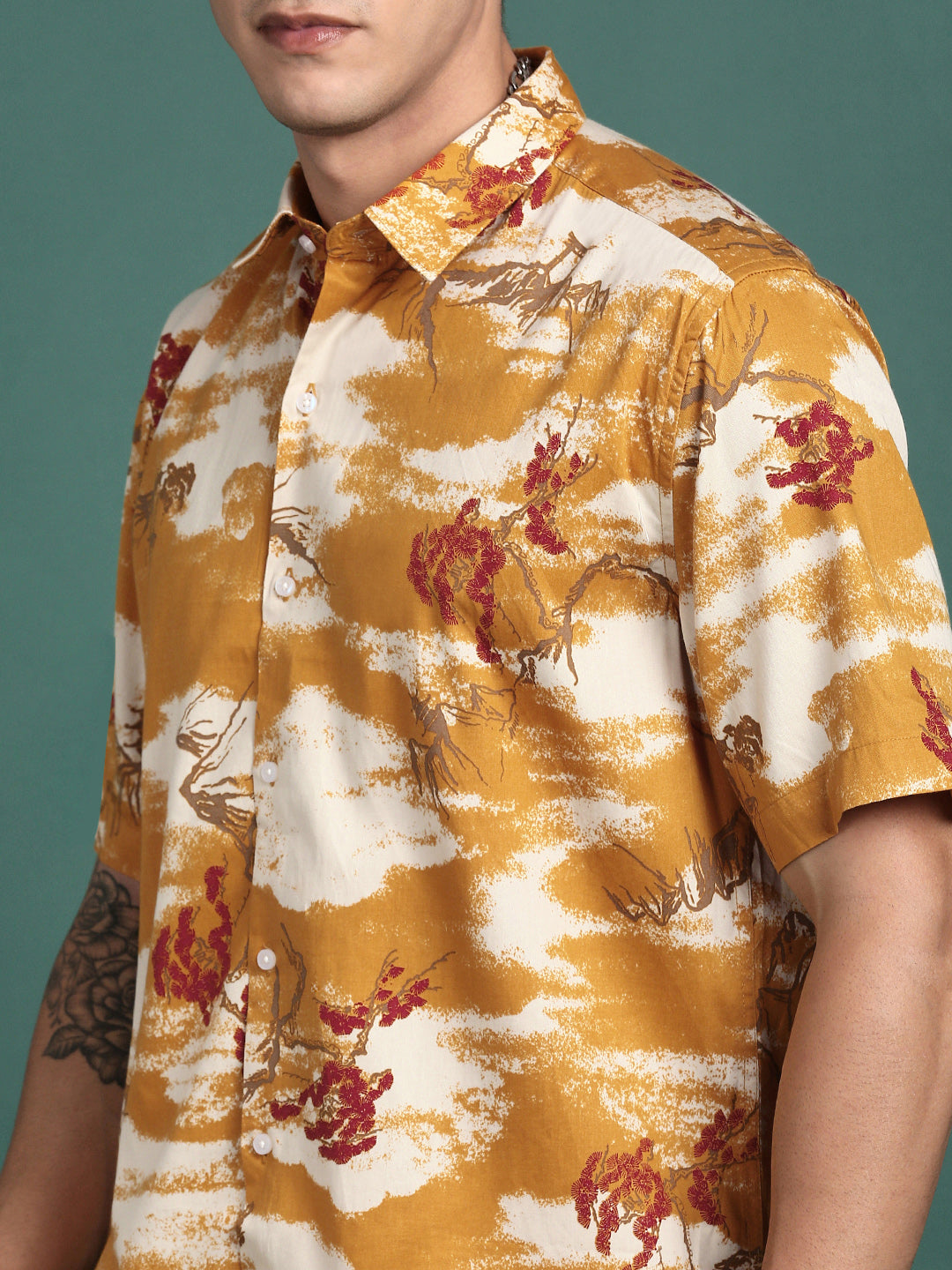 Men Floral Mustard Slim Fit Shirt