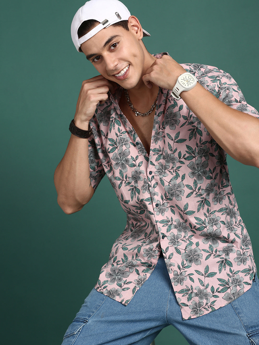 Men Floral Pink Slim Fit Shirt