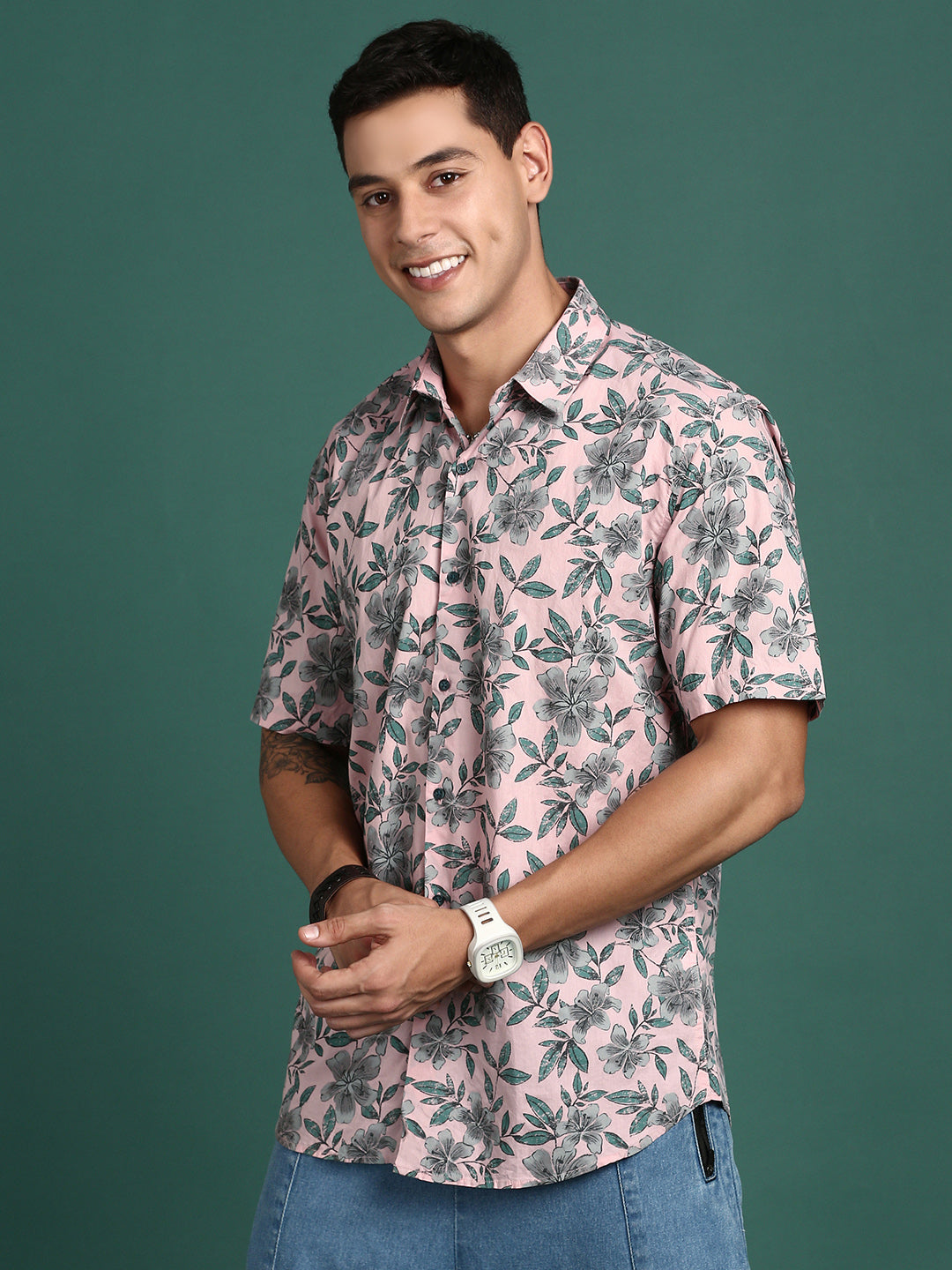 Men Floral Pink Slim Fit Shirt