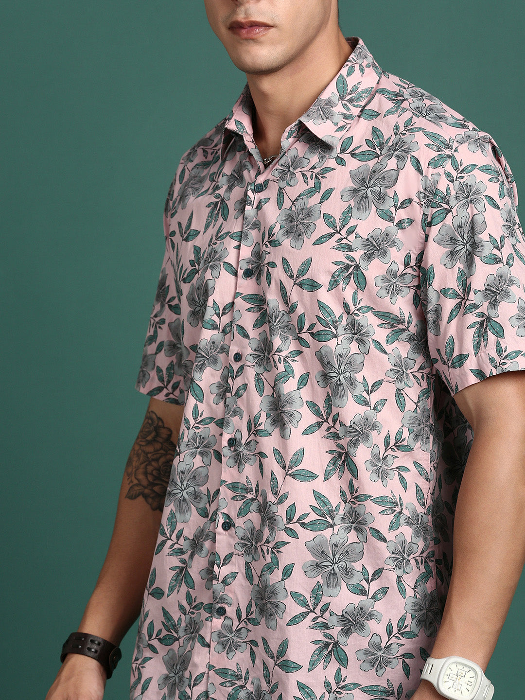 Men Floral Pink Slim Fit Shirt