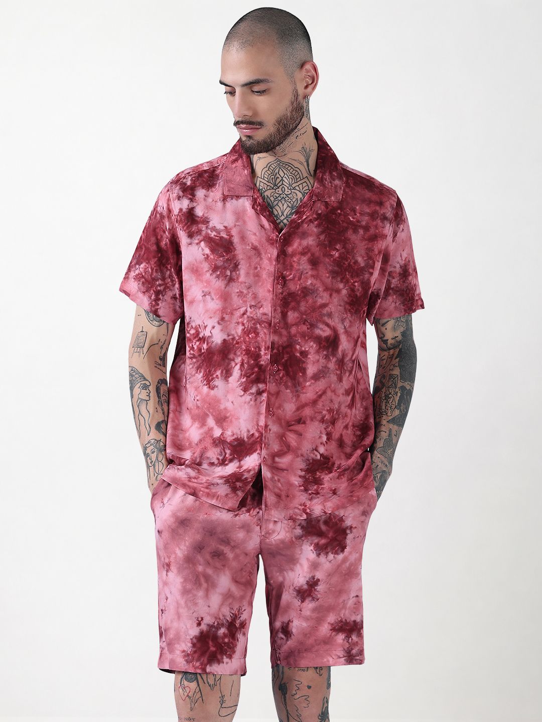 Men's Pink Tie and Dye Cuban Collar Relaxed Fit Co-Ords Set