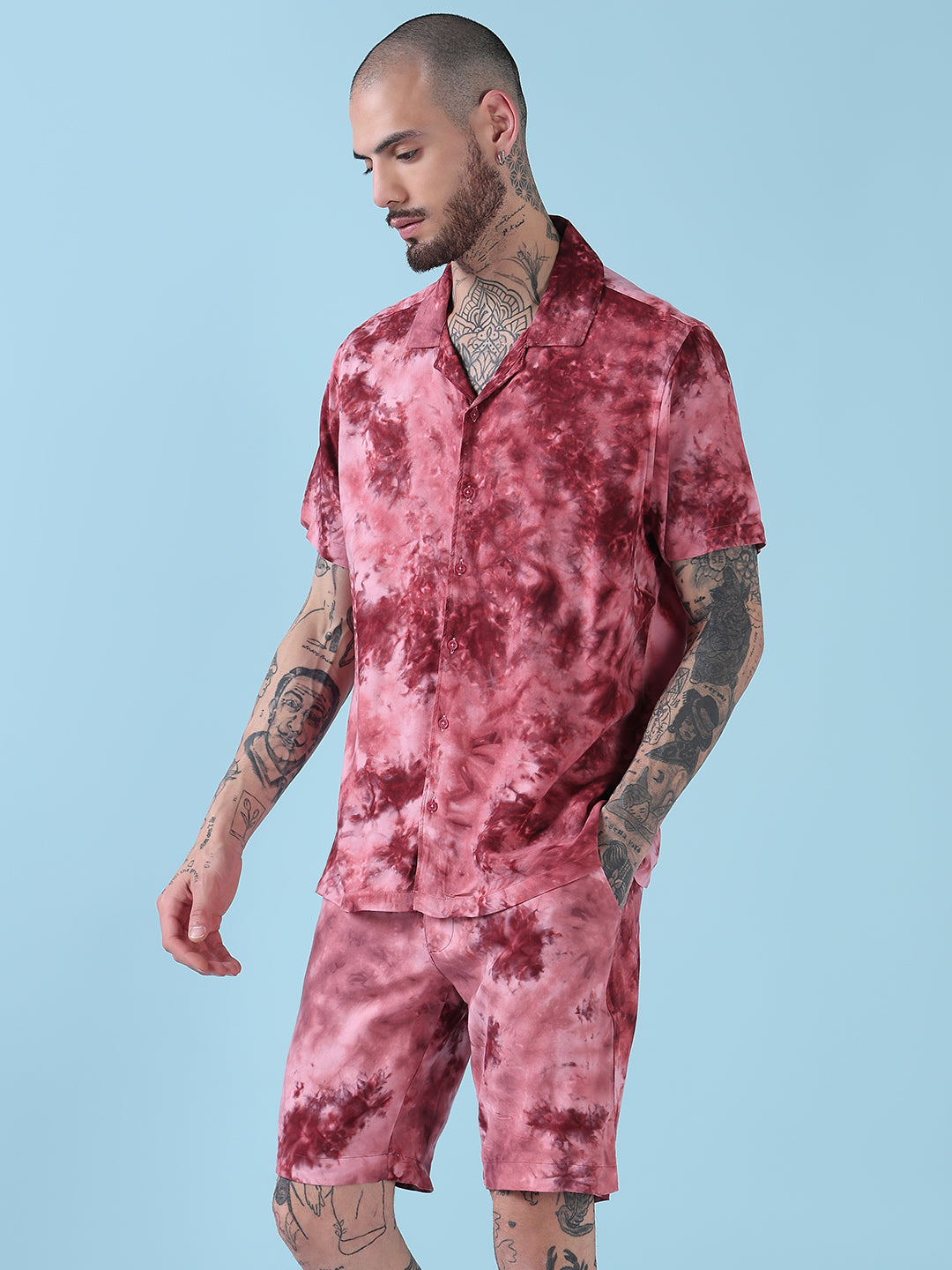 Men's Pink Tie and Dye Cuban Collar Relaxed Fit Co-Ords Set