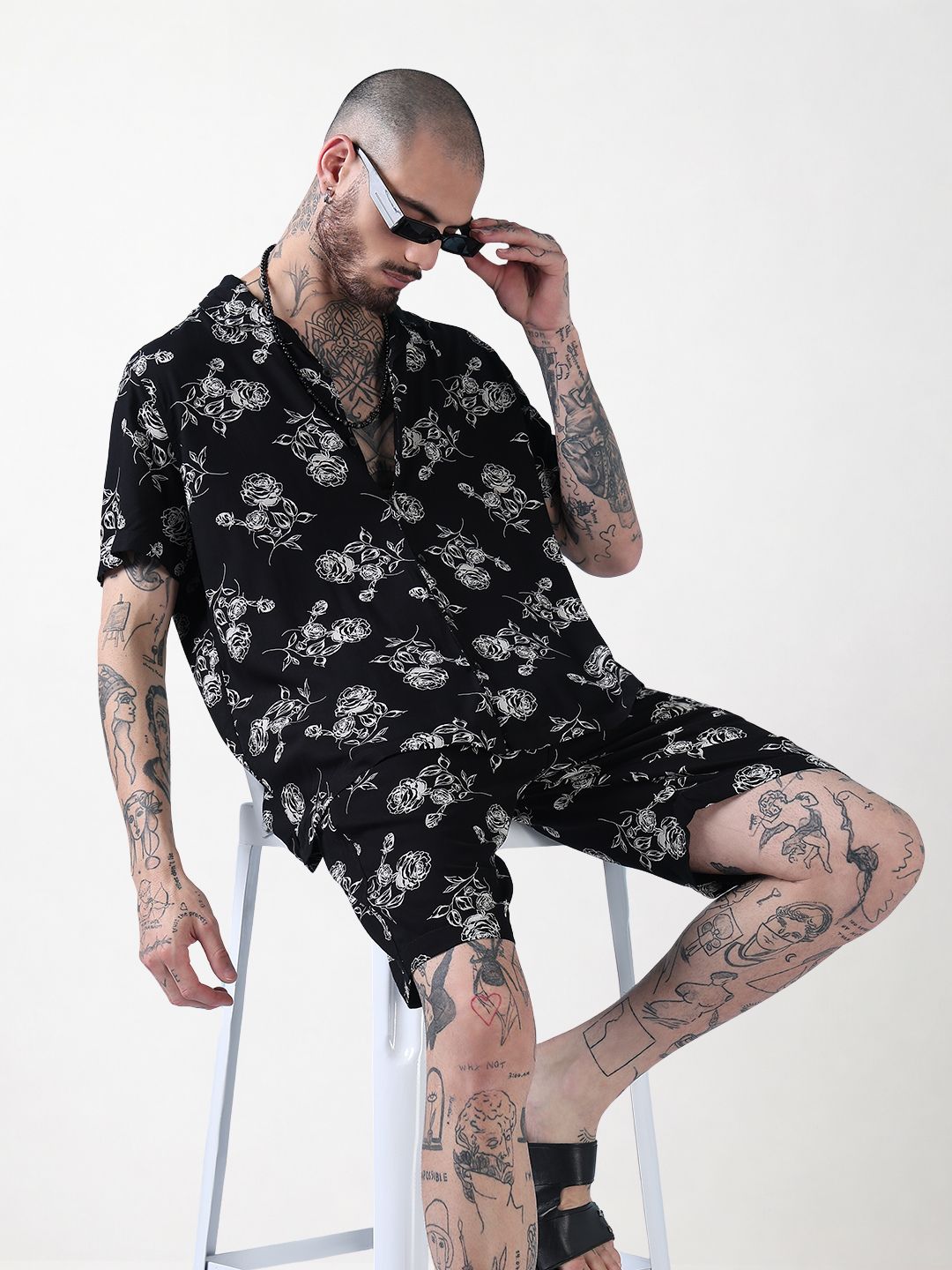 Men's Black Floral Cuban Collar Relaxed Fit Co-Ords Set