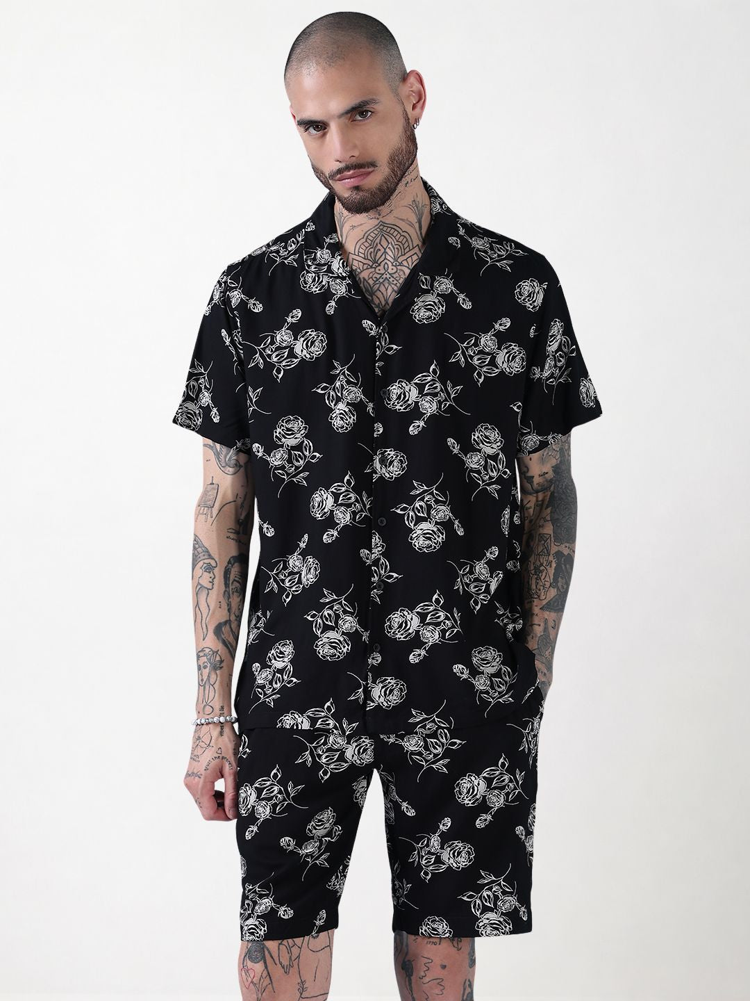 Men's Black Floral Cuban Collar Relaxed Fit Co-Ords Set