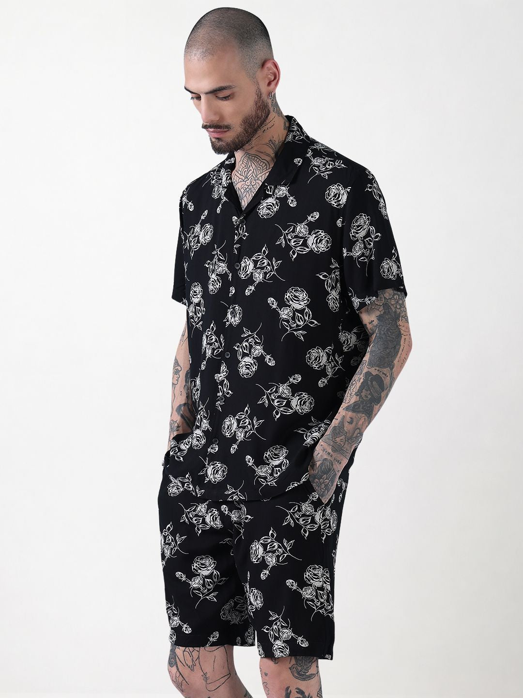 Men's Black Floral Cuban Collar Relaxed Fit Co-Ords Set