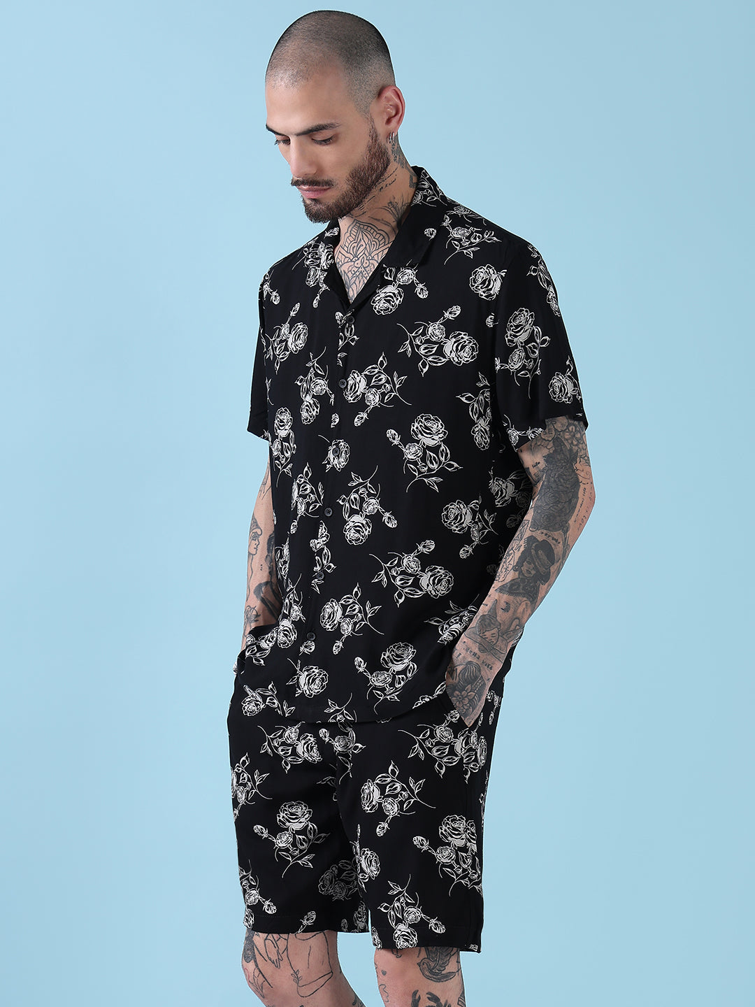 Men's Black Floral Cuban Collar Relaxed Fit Co-Ords Set