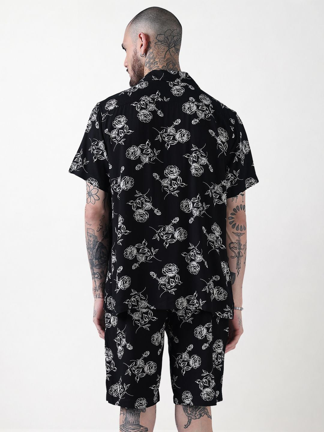 Men's Black Floral Cuban Collar Relaxed Fit Co-Ords Set