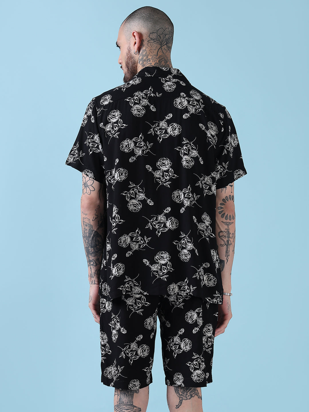 Men's Black Floral Cuban Collar Relaxed Fit Co-Ords Set
