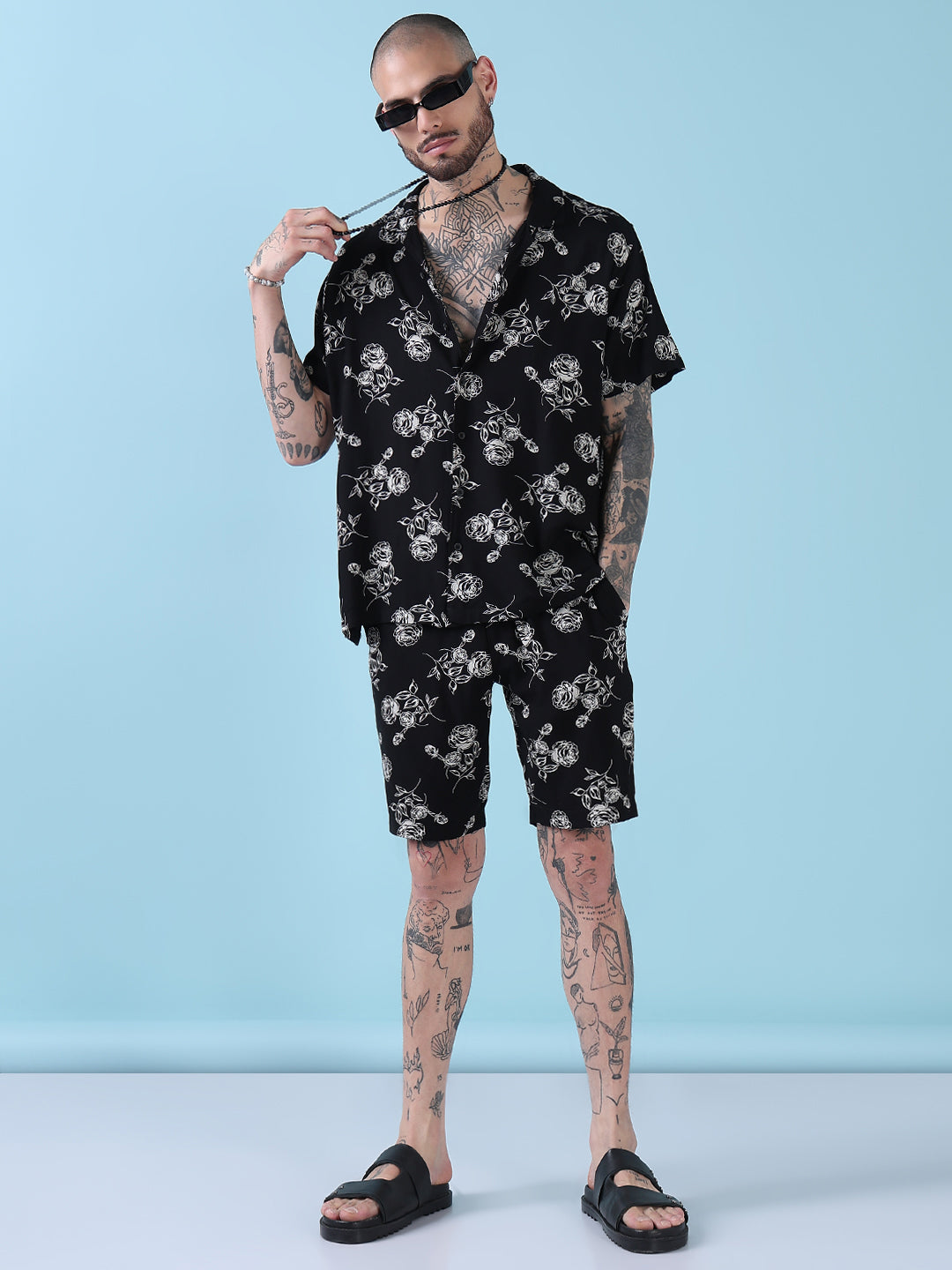 Men's Black Floral Cuban Collar Relaxed Fit Co-Ords Set