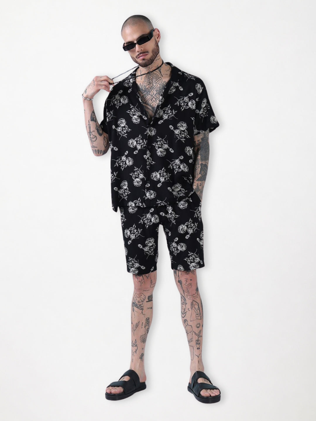 Men's Black Floral Cuban Collar Relaxed Fit Co-Ords Set