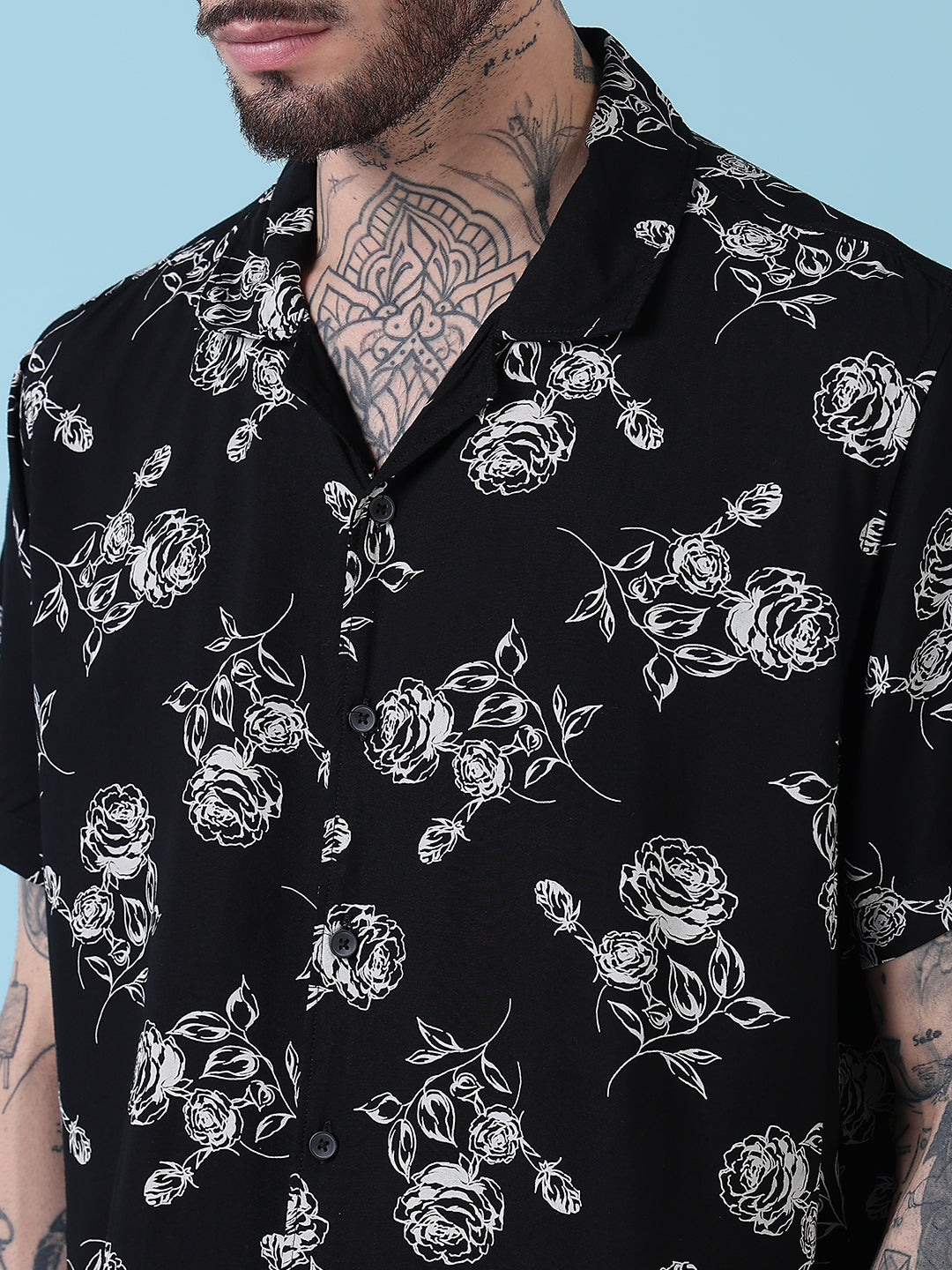 Men's Black Floral Cuban Collar Relaxed Fit Co-Ords Set