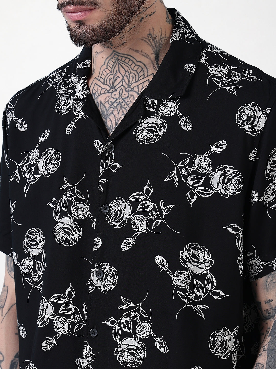 Men's Black Floral Cuban Collar Relaxed Fit Co-Ords Set