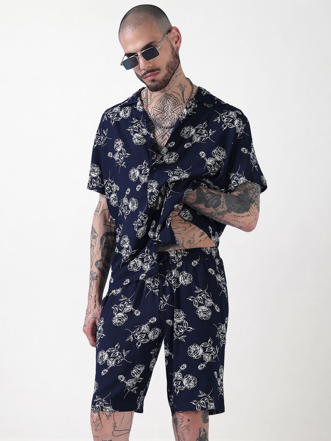 Men's Navy Blue Floral Cuban Collar Relaxed Fit Co-Ords Set