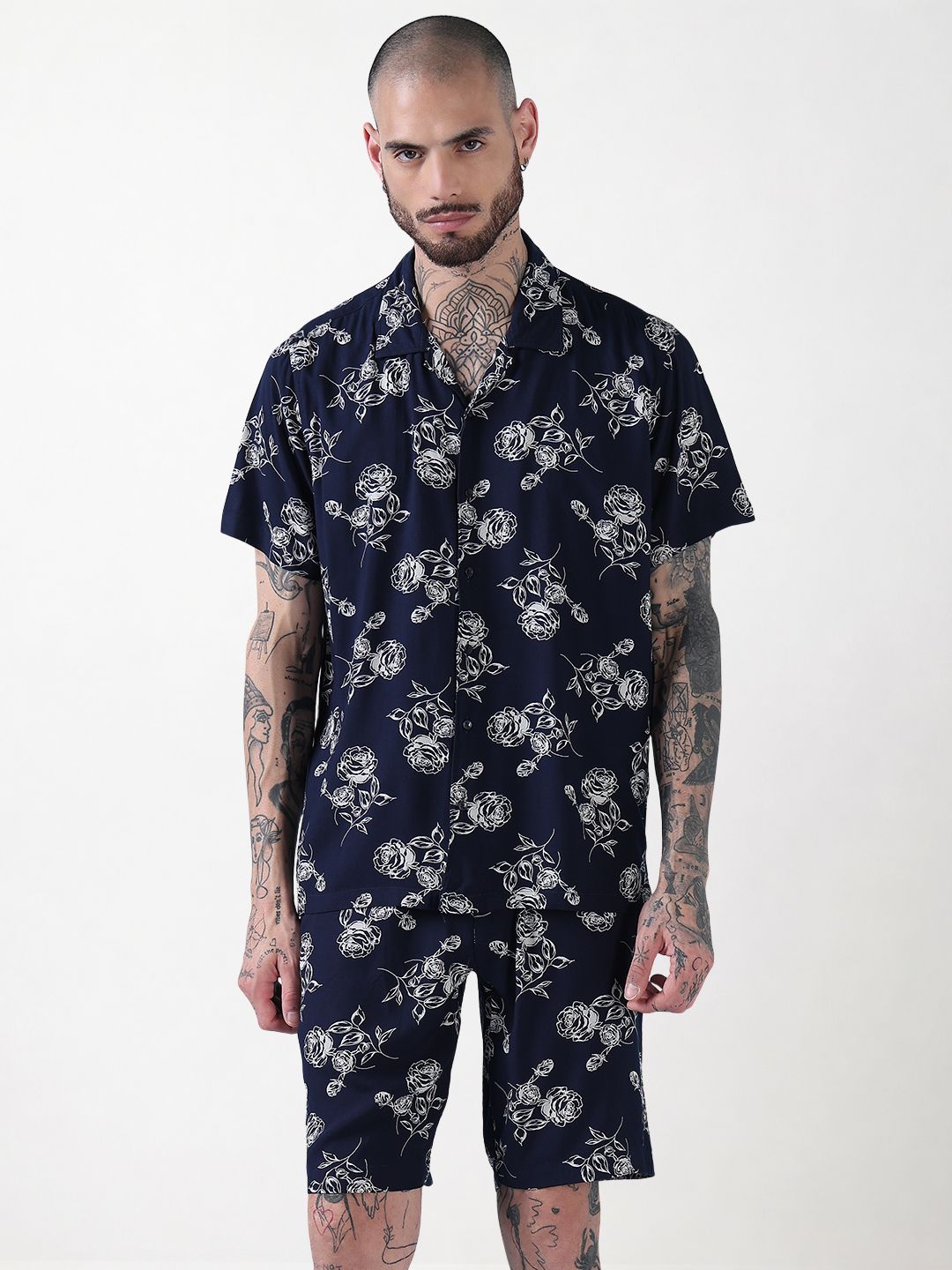 Men's Navy Blue Floral Cuban Collar Relaxed Fit Co-Ords Set