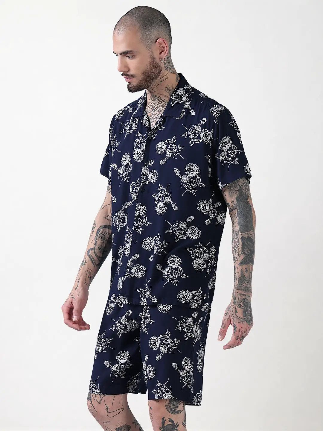 Men's Navy Blue Floral Cuban Collar Relaxed Fit Co-Ords Set - Uncategorized from SHOWOFFFF