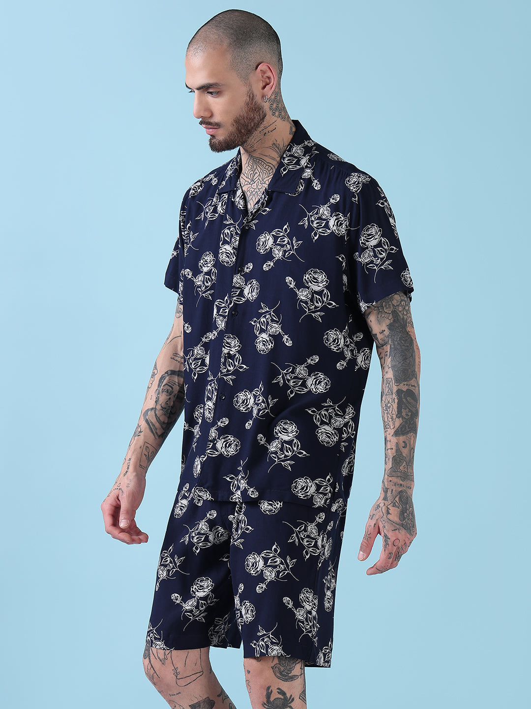 Men's Navy Blue Floral Cuban Collar Relaxed Fit Co-Ords Set