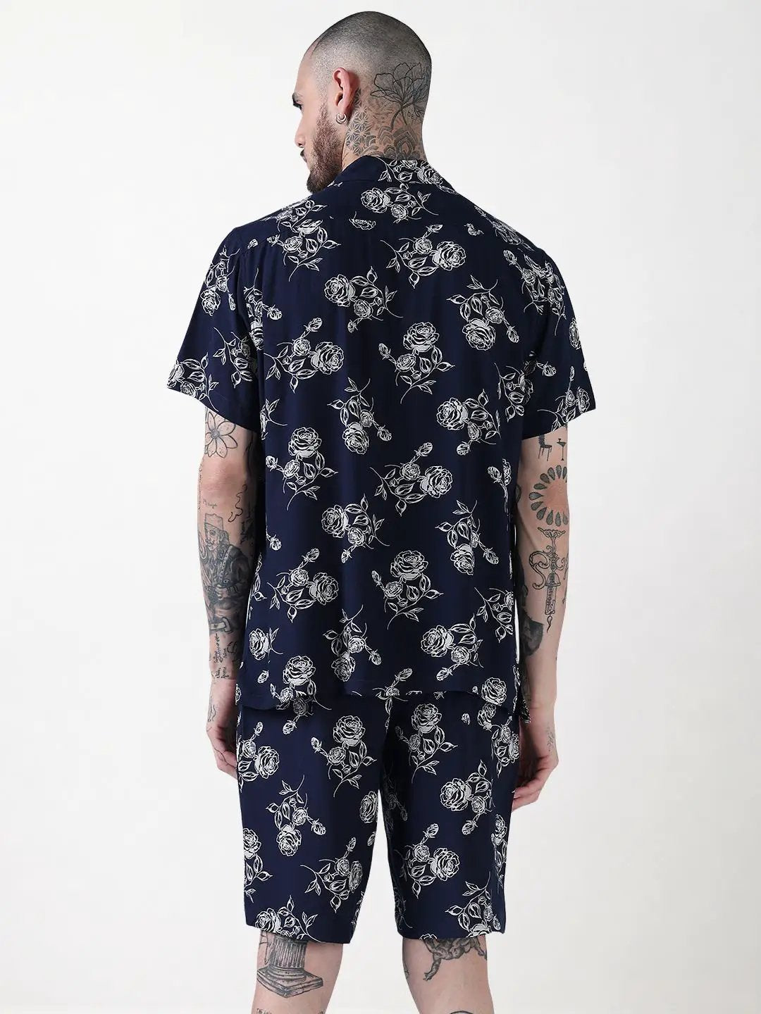 Men's Navy Blue Floral Cuban Collar Relaxed Fit Co-Ords Set - Uncategorized from SHOWOFFFF