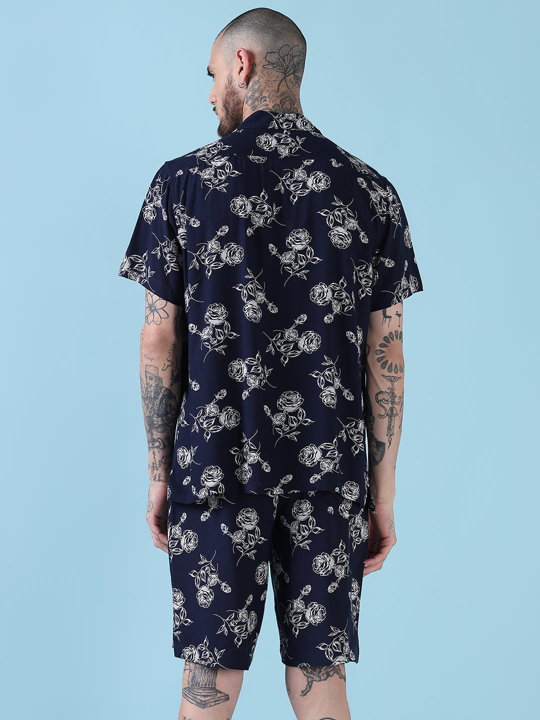 Men's Navy Blue Floral Cuban Collar Relaxed Fit Co-Ords Set
