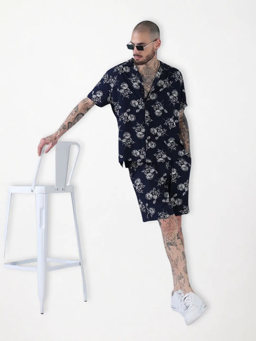 Men's Navy Blue Floral Cuban Collar Relaxed Fit Co-Ords Set - Uncategorized from SHOWOFFFF