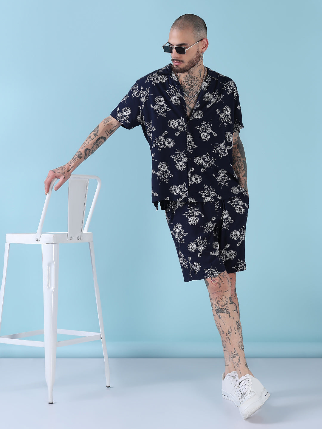 Men's Navy Blue Floral Cuban Collar Relaxed Fit Co-Ords Set