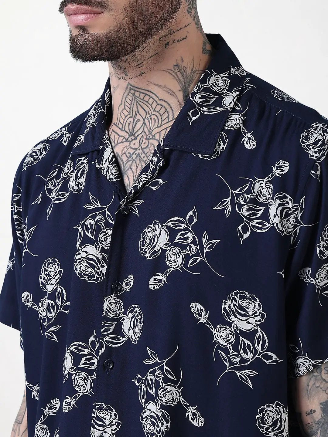 Men's Navy Blue Floral Cuban Collar Relaxed Fit Co-Ords Set - Uncategorized from SHOWOFFFF