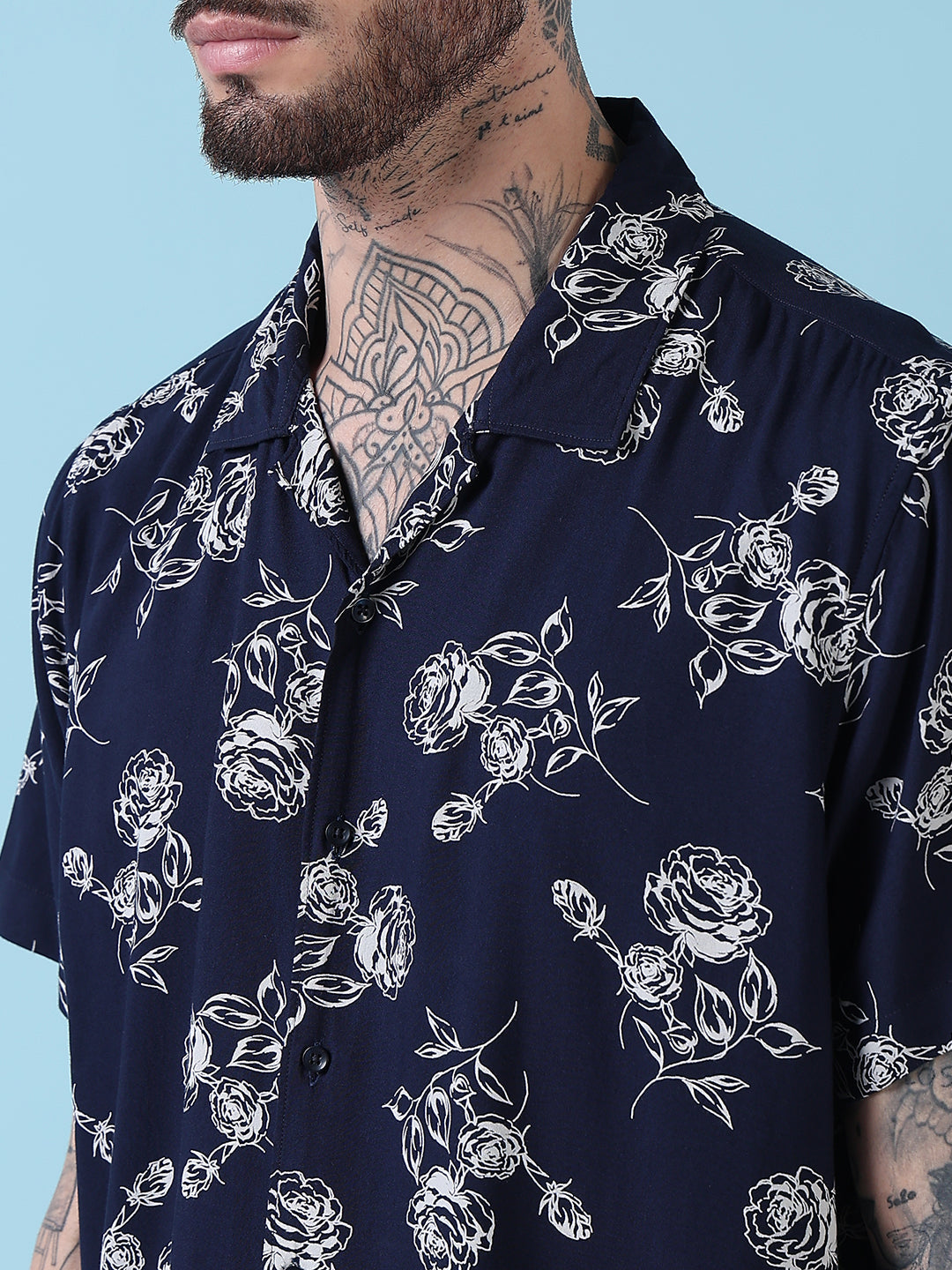 Men's Navy Blue Floral Cuban Collar Relaxed Fit Co-Ords Set